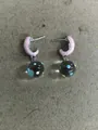 Pink enamel crescent stud earrings with dark colorful polka dot glass ball pendants - C-Shape Style