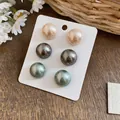 Set of 3 pairs of elegant dome stud earrings in peach grey and green pearly finishes - Three-Color Beads