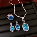 Luxurious blue oval zircon jewelry set featuring a necklace, earrings, and a ring - Four-Piece Set / Blue