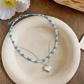 Elegant Korean style blue and white beaded choker necklace with a silver heart-shaped pendant - Double Layer Heart Pendant / Blue-Silver
