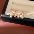 Eleganti orecchini a perno a farfalla dorati con perle lucenti e zirconi scintillanti. - Oro/Marrone