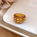 Chunky amber resin ring with embedded white rhinestones, retro fashion jewelry for women - Ring / Brown