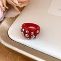 Red resin wide band ring with silver metal stud rivets for women niche fashion style - Ring (Silver-Red-Iron) / Red