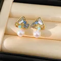 French vintage 18k gold plated stud earrings with colorful crystals and pearl drops - Gold with Blue