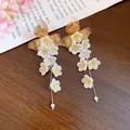 Elegant French vintage floral drop earrings with gold butterfly and pearl tassel. - Silver Pin-Gold-White-Yellow