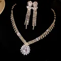 Detail of sparkling cubic zirconia necklace and tassel drop earrings jewelry set - Silver Chain with Clear Stone