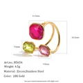 Luxury 18K gold plated stainless steel open ring featuring colorful geometric zircon stones - Rose Red and Yellow Green (R5654_Gold_3)
