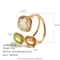 Premium 18K gold plated stainless steel open ring with colorful geometric zircon stones - Champagne and Olive Green (R5654_Gold_7)