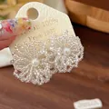Exquisite handmade beaded flower earrings with pearl center in sweet Korean style - Silver Earring Post-White