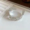 Detailed close-up view of elegant silver metal leaf-textured open cuff bracelet - Leaf Vein Texture Style (4#)