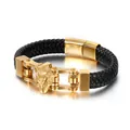 Luxurious men's black braided leather bracelet with gold wolf head and chain link style - Gold Wolf Head