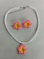 Tropical vibrant pink and yellow plumeria flower necklace and earring jewelry set for summer - Necklace and Earring Set / Pink