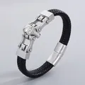 Bracelet homme en cuir tressé noir avec crâne en acier inoxydable et maillons style punk - Tête de Mort en Acier (KB109756-K)