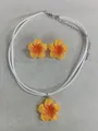 Hawaiian style plumeria flower pendant necklace and earrings set in orange and white - Necklace and Earring Set / Orange