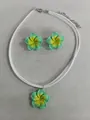 Fresh Hawaiian style green and yellow flower pendant necklace and stud earring jewelry set - Necklace and Earring Set / Green