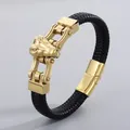 Bracelet homme en cuir tressé avec tête de loup en acier inoxydable doré brillant - Tête de Crocodile Dorée (KB153084-KFC)