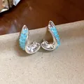 Detailed close-up view of elegant twisted silver earrings set with cyan glass crystals - Irregular Twisted Style / Blue