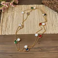 Elegant gold chain necklace featuring oval colored zircons and white pearls macro detail - Double Layer Pendant Style / Gold-Multicolor