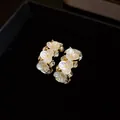 Elegant French style white floral ear studs with sparkling zirconia and gold plating. - Gold-White (Floral Semi-Circle Style)