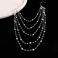Detailed view of elegant multi-layer pearl beaded ear hook earring with gold chains - Unique Tassel Ear Wrap / Gold