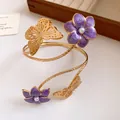Detailed view of vintage gold arm cuff with purple enamel flowers and butterflies - Dripping Oil Flower Style (HB5788) / Purple