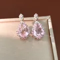 Exquisite pink pear-shaped zircon halo earrings with elegant palace style design - Earrings / Pink