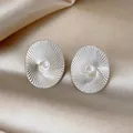 Elegant vintage oval textured stud earrings with central pearl and silver needle - 2# Silver Earring Post - Silver