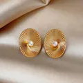 Vintage 18k gold plated oval earrings with spiral texture and central white pearl - 1# Silver Pin - Gold (Real Gold Plating)