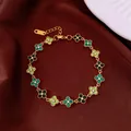 Vibrant green rhinestone four-leaf clover bracelet in gold-plated finish for women - No 25 Green Clover Style
