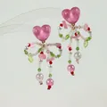 Pink heart bow tassel earrings with colorful beads and dopamine island style design - Clip-on Style / One Pair / Colorful