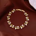 Elegant Korean style gold bracelet with sparkling green and white marquise crystals on satin - No 37 Olive Green Leaf Style