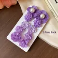 Exquisito juego de cinco pares de pendientes de flores moradas y perlas para mujer - Set de 5 Pares (7#)
