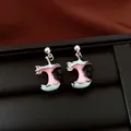 Adorable bitten apple and black cat enamel drop earrings with sparkling zircon detail - Silver-Pink-Blue-Black