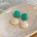 Elegant geometric green and cream resin earrings with stylish marble texture details - Square and Round Patchwork Style / Lake Green And White