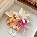 Beach vacation duckbill hair clip decorated with starfish, pearls and fabric flowers - Beach Resort Style (HH9864) / Multi-color (White/Yellow/Purple)