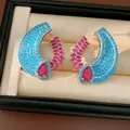 Elegant vintage style crescent earrings featuring blue and pink zirconia in a gift box - Blue Pink (Silver Post)