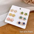 6 pairs of colorful enamel star stud earrings on a white display card - 12pcs Set / Colored Star Shape