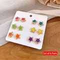 Set of 6 pairs of colorful star stud earrings with gold-toned textured borders - 12pcs Set / Colorful Star