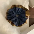 Stylish two-tone bronze satin and blue denim fabric scrunchie hair accessory for women - Hair Tie / Blue and Brown