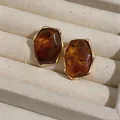 Elegant amber resin oval stud earrings with irregular gold pleated borders in Maillard style - Irregular Oval Style (HE32484) / Gold with Coffee