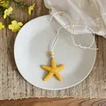 Vista macro dettagliata di una collana con pendente a stella marina su piatto bianco - Giallo