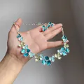 Sweet floral jewelry set featuring a blue and green enamel necklace and earrings - Earrings Necklace Set / Gold, Green