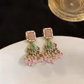 Detailed view of vintage gold-tone tassel earrings with pink and green stones - Pink Resin Tassel Style (HE33408) / 925 Silver Needle / Gold