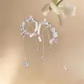 Macro detail of C-shape earrings with pearls, pink crystals, and long tassels - 1# Silver Earring Post - Silver