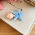 Starfish and shell hair clip with blue starfish, pink shell, and pearl detail - Duckbill Clip (Single Piece) / Blue