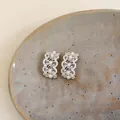 Elegant detail of hollow lace-designed silver earrings with zircons and white pearls - 2# Silver Post - Silver (Earrings)