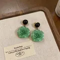 Elegant vintage green resin rose earrings with black cabochon studs for elegant fashion style - Rose Pendant (Antique Gold) / Green