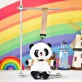 Close-up of a cute panda plush doll wearing a hoodie with a tan colored fabric lanyard - 15cm / Colorblock Hoodie Panda (Chuanyi Panda) / Colorful Lanyard / Mustard White
