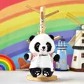 Detailed view of plush panda keychain wearing a pink hoodie with silver lobster clasp - 15cm / Colorblock Hoodie Panda (Chuanyi Panda) / Silver Lobster Clasp / Pink & White