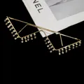Detail of gold W-shaped lensless glasses with dangling rhinestone tassels for women. - Type 3 - Gold